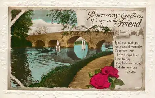 Celebration holiday postcard birthday wishes to dear friend boat flower