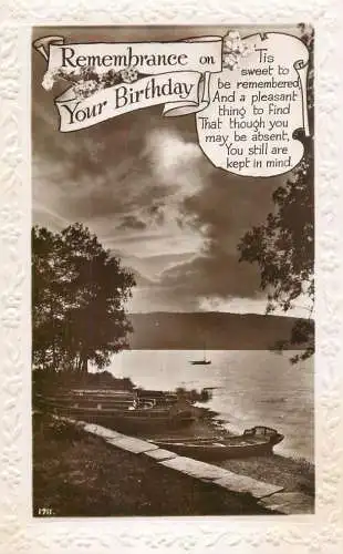 Celebration holiday postcard birthday greeting lake side and boat
