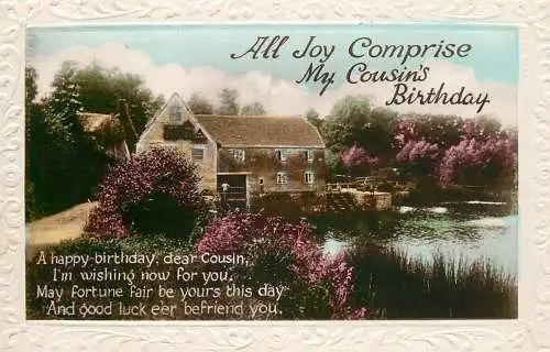 Celebration holiday postcard birthday wishes for cousin house and flowers