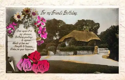 Celebration holiday postcard birthday wishes for friendhouse and flowers