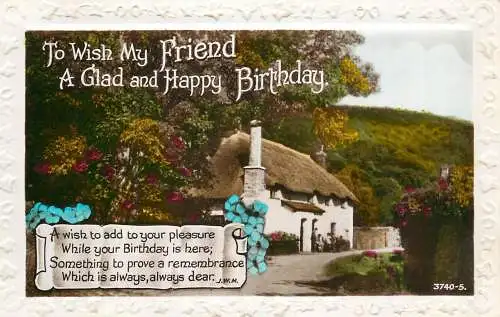 Celebration holiday postcard birthday wishes for friendhouse and flowers