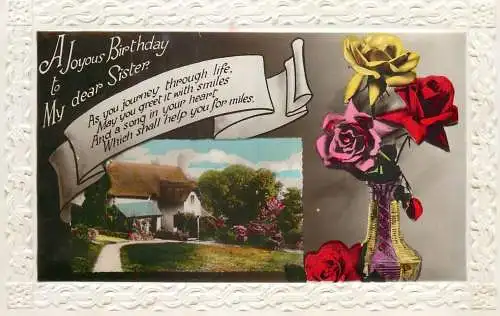 Celebration holiday postcard birthday wishes for sister house and flower bouquet