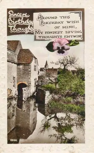 Celebration holiday postcard birthday wishes castle and pond