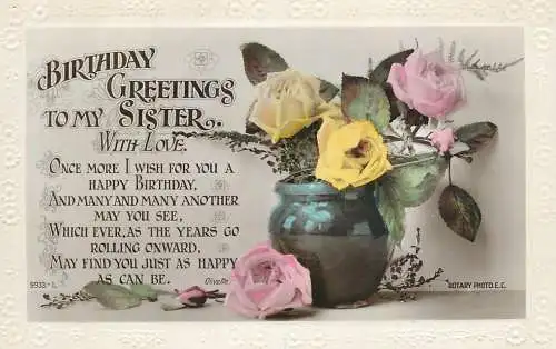 Celebration holiday postcard birthday greetings to sister