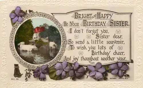 Celebration holiday postcard a joyous birthday for sister cows in pond