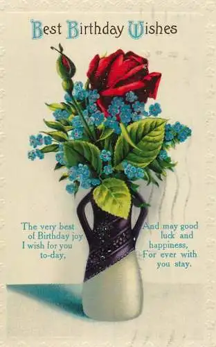 Celebration holiday postcard a joyous birthday wisher and flower vase
