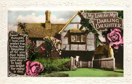 Celebration holiday postcard a joyous birthday daughter flower country house