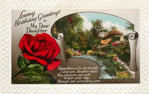 Celebration holiday postcard a joyous birthday daughter flower village