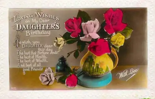 Celebration holiday postcard a joyous birthday daughter flower vase