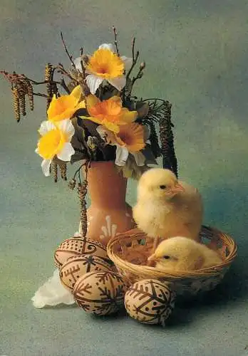 Easter greetings pencilled eggs, chicken & vase floral arrangement