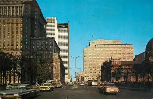 Canada Montreal Dorchester Street looking east showing St James Cathedral & Queen Elizabeth Hotel