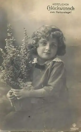 Elegant young girl with flower basket Name Day greetings