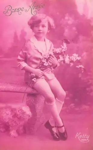 Elegant young girl with flower bouquet Bonne Anne greetings Ketty Postcard