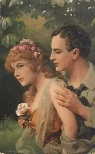 Romantic lovely couple gallant courting painting
