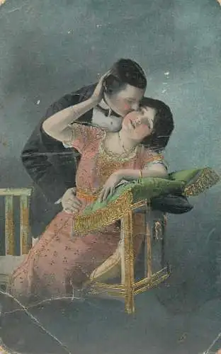 Elegant charming couple gallant courting tender cheek kiss