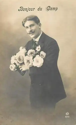Elegant gentleman with fancy moustache roses bouquet