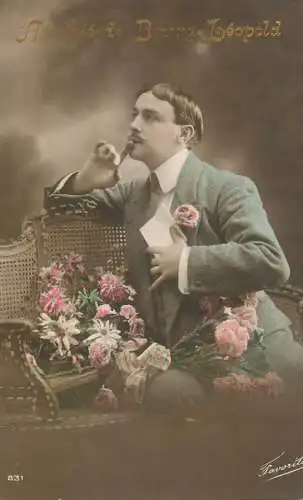 daydreaming elegant gentleman fancy moustache with flower bouquet
