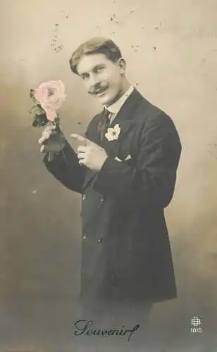 Elegant gentleman fancy moustache with rose flower souvenir postcard