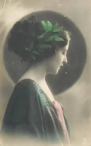 Elegant mysterious lady fancy hairstyle side face photo