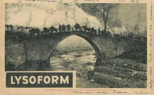 War 1914-18 military caravan passing bridge 1917 publicité Lysoform produit désinfectant advertising postcard