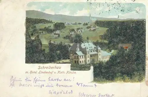 Poland Szklarska Poręba Schreiberhau m. hotel Lindenhof u. Kath. Kirche 1900 glass pearls novelty
