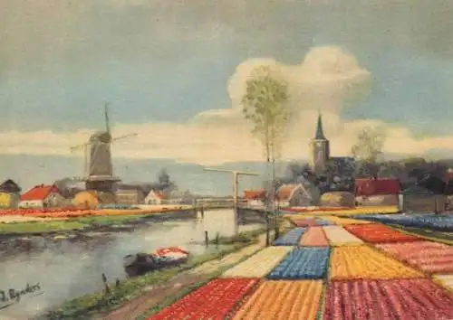 Netherlands flower fields windmill painting of J. Rynders