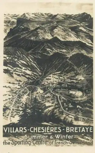 Villars Chesieres Bretaye summer & winter sporting center real photo postcard aerial view