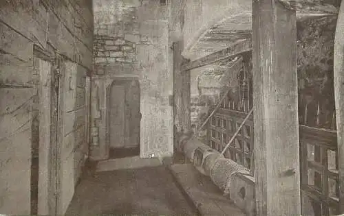 England London Tower - Bloody Tower interior showing the ancient portcullis & windlass