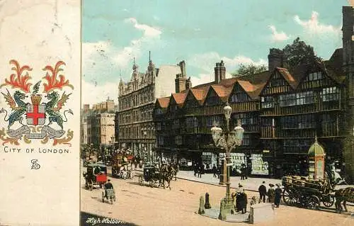 England London High Holborn old houses illustration & Coat of Arms