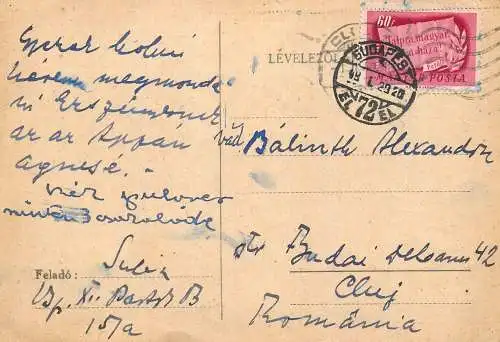 Postal stationery postcard Hungary Budapest to Cluj Romania 1949