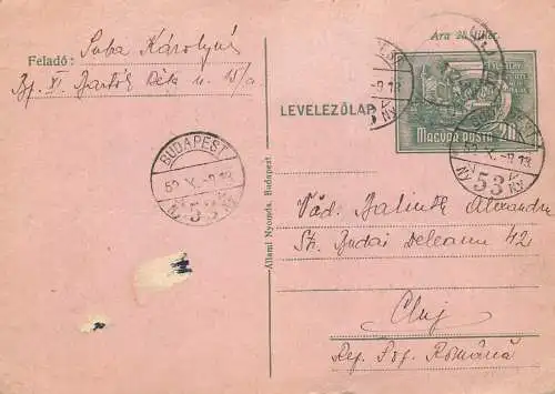 Postal stationery postcard Hungary Budapest to Cluj Romania 1952