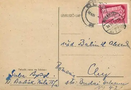 Postal stationery postcard Hungary Budapest to Cluj Romania 1952