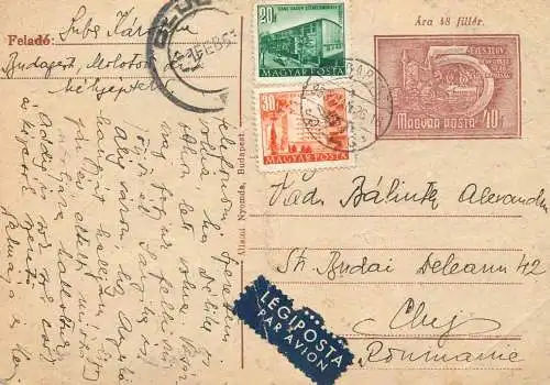 Postal stationery postcard Hungary Budapest to Cluj Romania 1953