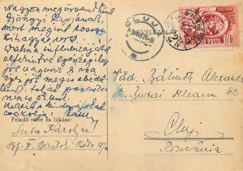 Postal stationery postcard Hungary Budapest to Cluj Romania 1951