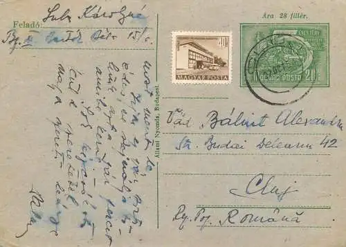 Postal stationery postcard Hungary Budapest to Cluj Romania 1954