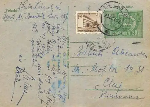 Postal stationery postcard Hungary Budapest to Cluj Romania 1954