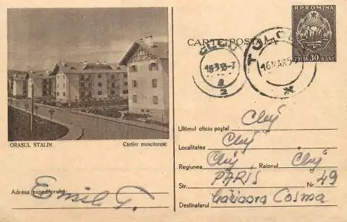 Postal stationery postcard Romania Stalin BRasov cartier muncitoresc 1955