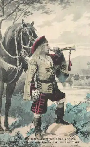 Fancy card men 1911 cavalry rider and trumpet costume
