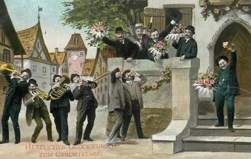 Fancy card men band and party flowers and champagne