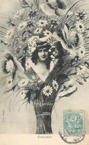 Fancy card women souvenir les gerbes pearls gaze beauty fantaisie surrealisme
