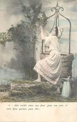 Fancy card women dress hat water carrier and well