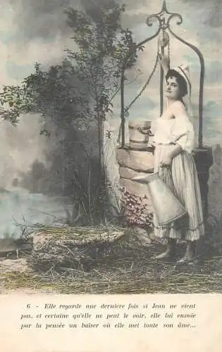 Fancy card women dress water carrier and well