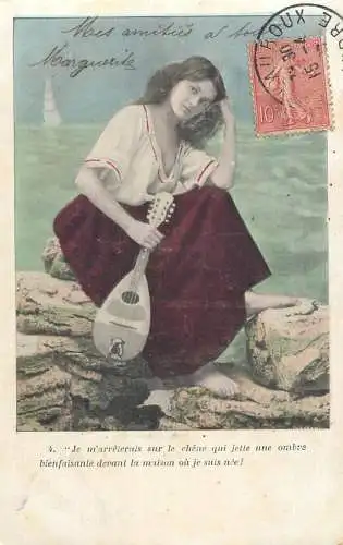 Fancy card women beauty playing mandolin sea side love 1907