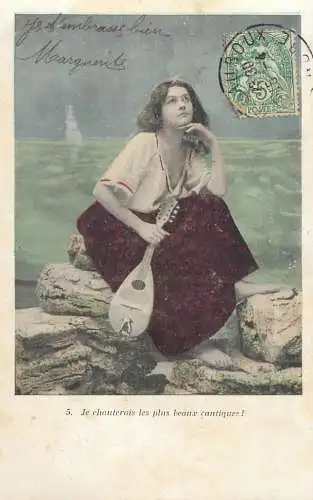 Fancy card women beauty playing mandolin sea side love