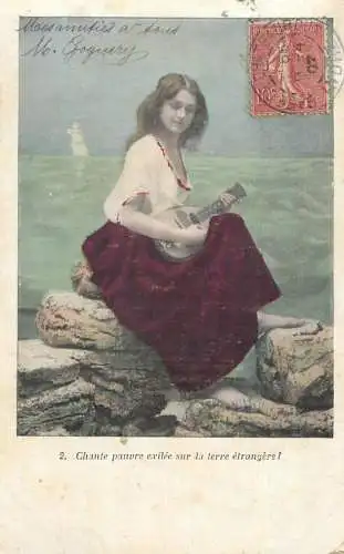 Fancy card women beauty playing mandolin sea side