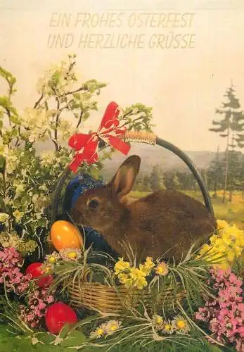 Holiday postcard Easter ein frohes Osterfest und Herzliche Grusse rabbit eggs
