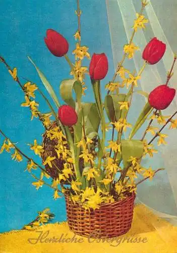 Flowers postcard Herzliche Ostergrusse tulip basket