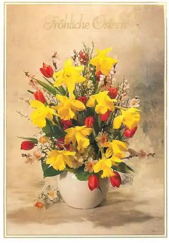 Holiday postcard Easter scene flower bouquet