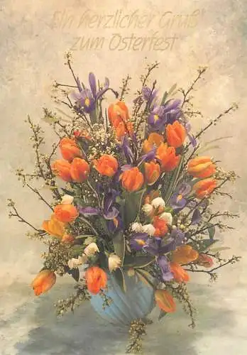 Holiday postcard Easter scene flower bouquet tulip