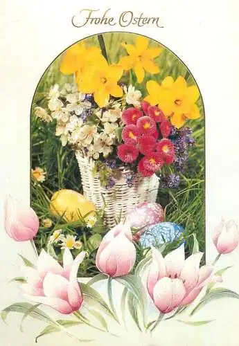 Holiday postcard Easter scene and flowers